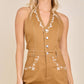 Embroidered Halter Romper with Button Front