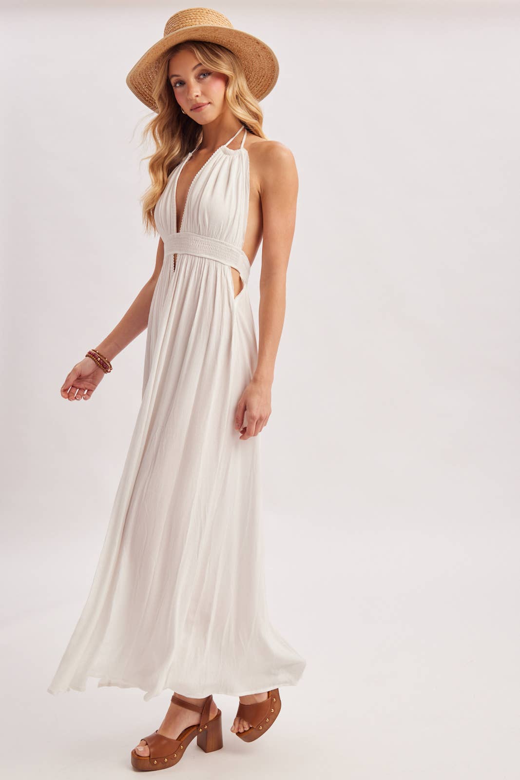 A CRINKLY CREPE DEEP V-NECK HALTER MAXI SUNDRESS