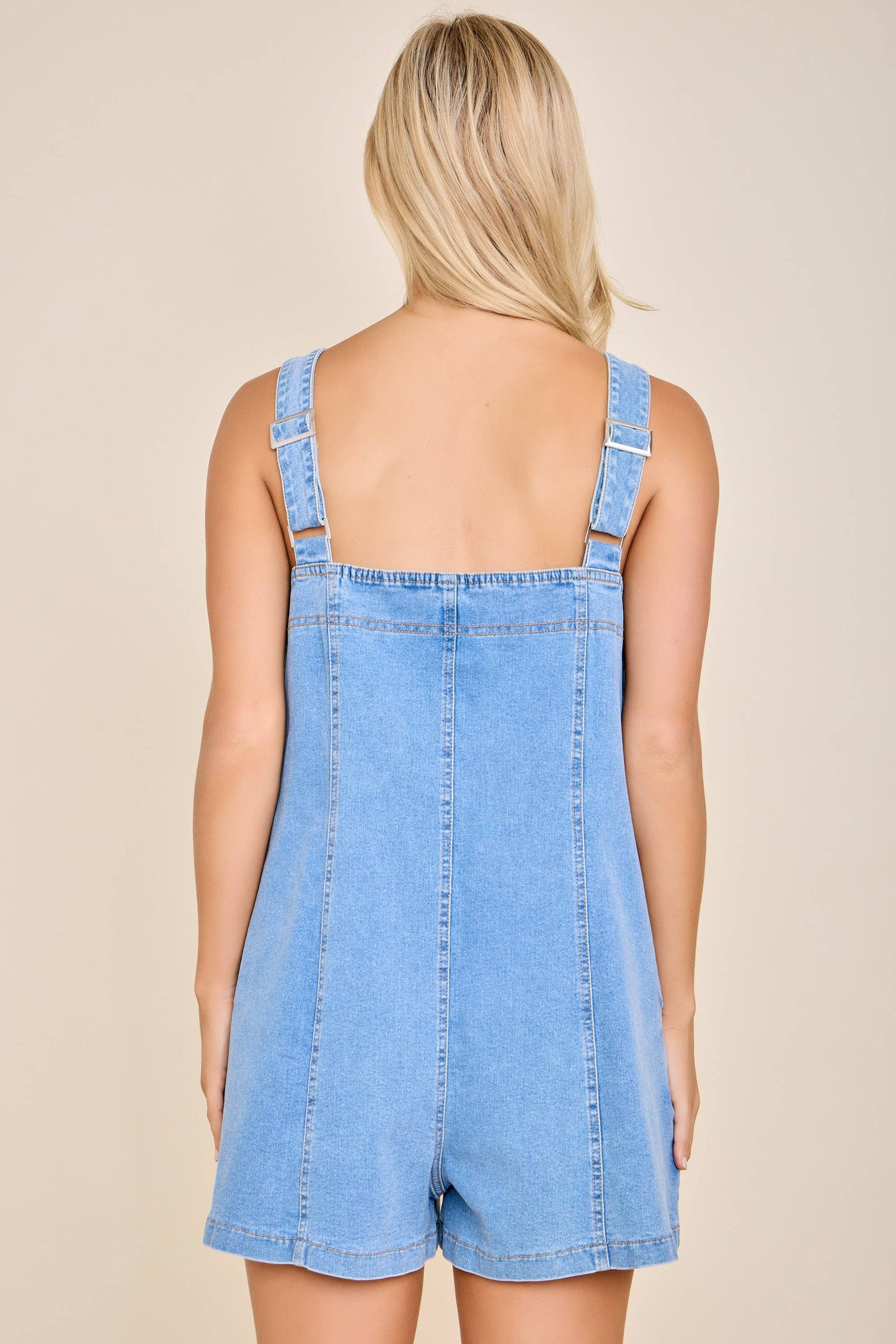Denim Zip Front Tie Strap Romper – Light Wash