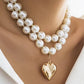 LUSTROUS PEARL BEADED LAYERED HEART NECKLACE | 40NK9456