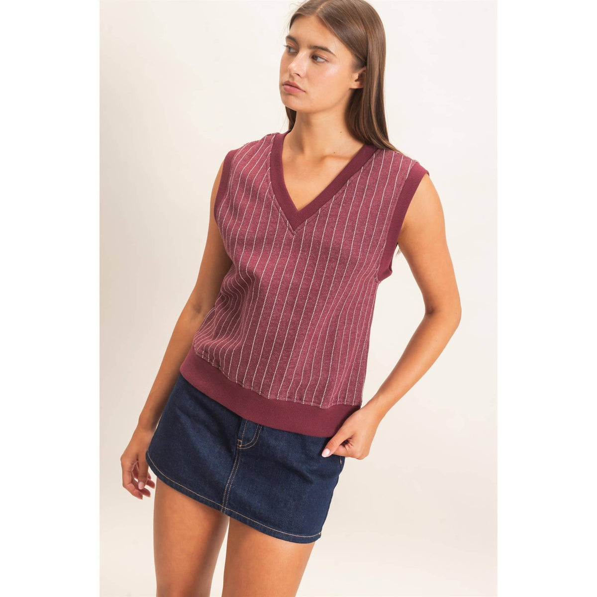 V-Neck Pinstripe Sleeveless Top