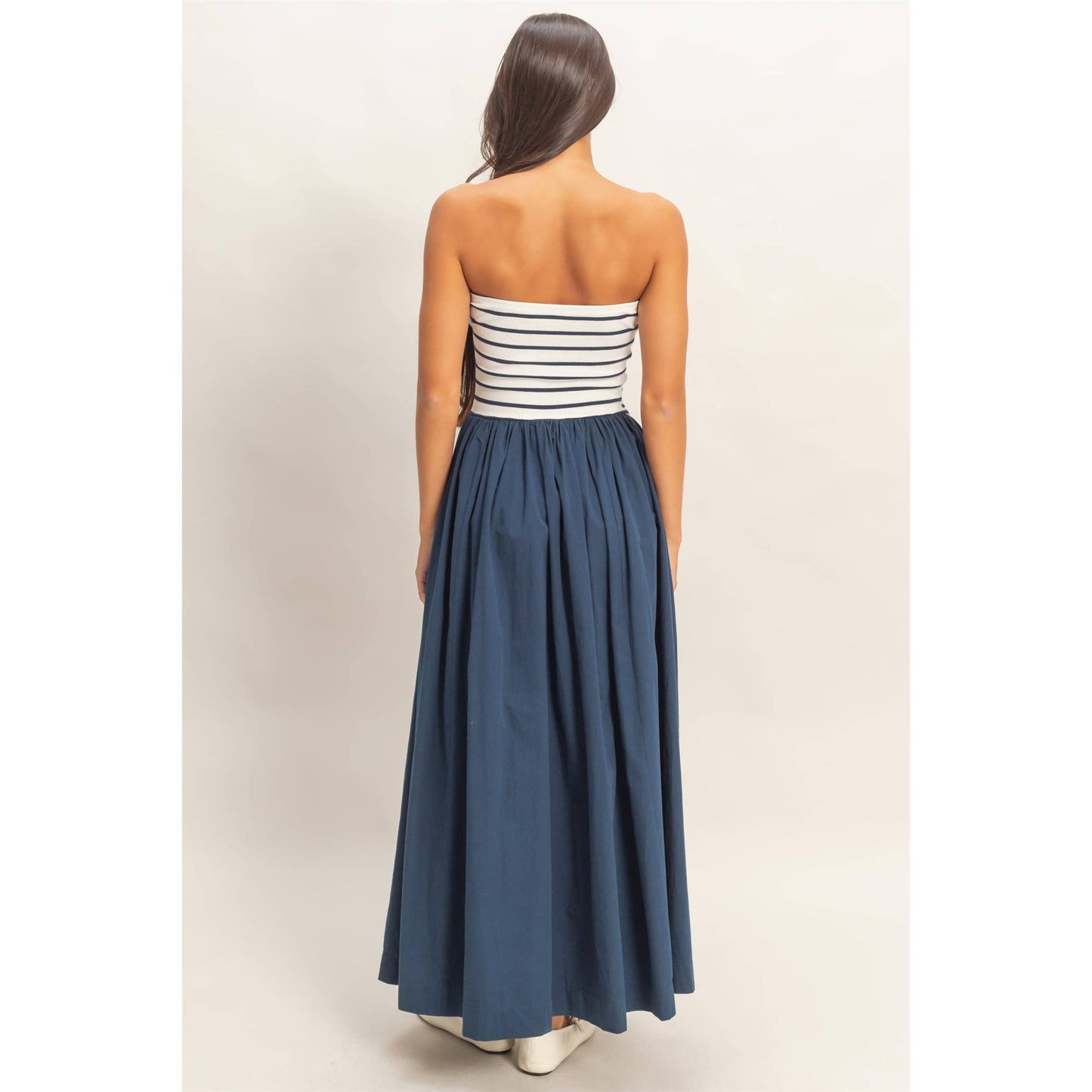 Striped Strapless Flowy Midi Dress