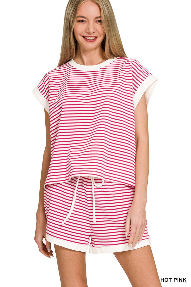 ....Stripe Contrast Trim Top & Shorts Set