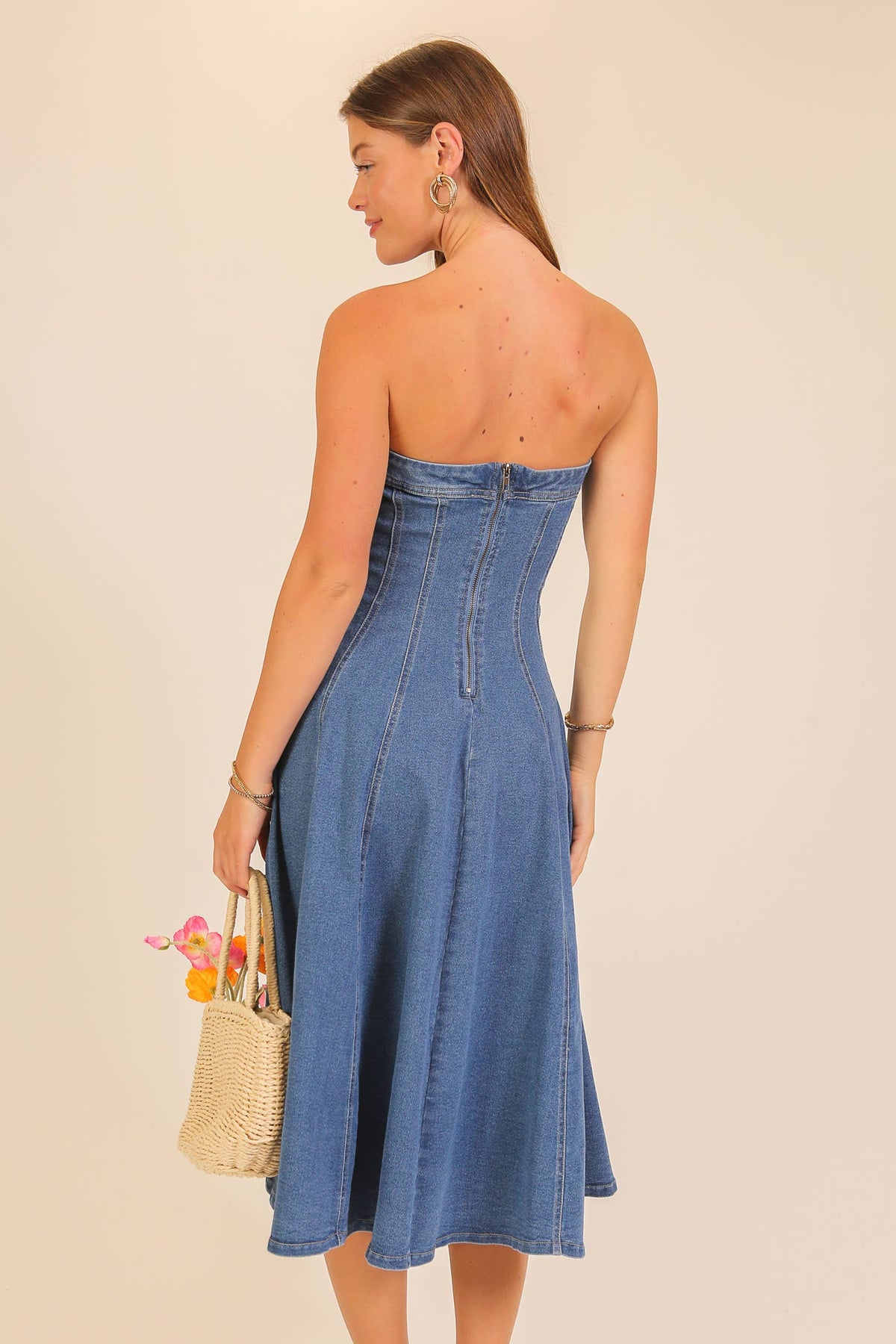 Strapless Stretch Denim Midi Dress