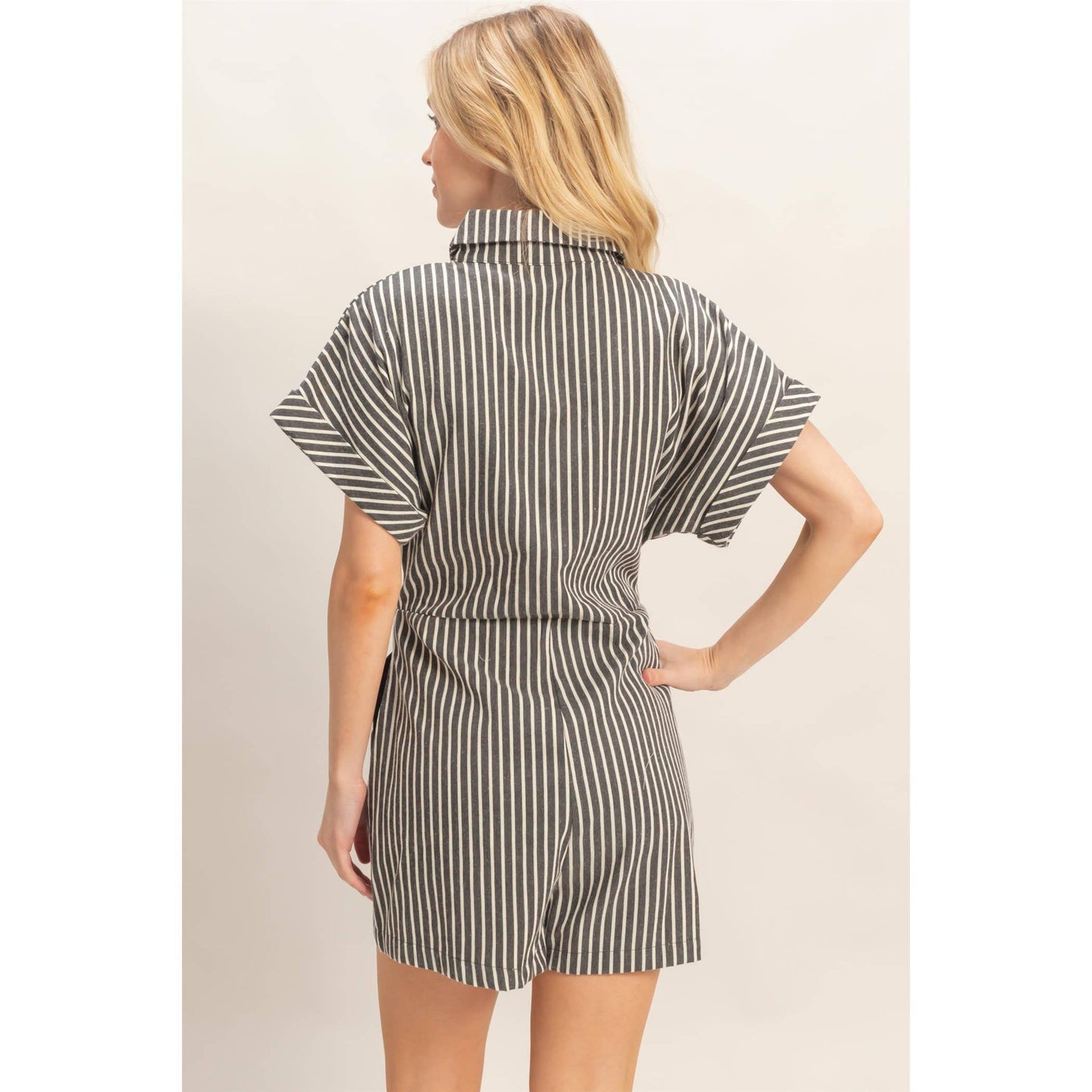 Collared Striped Romper With Sash