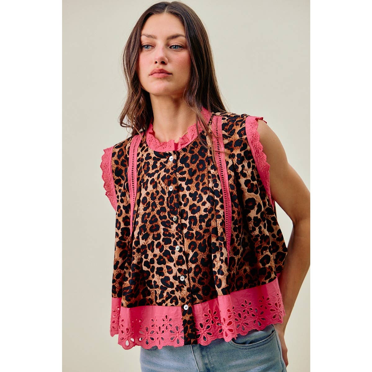 LEOPARD BUTTON UP PLEATED SLEEVELESS BLOUSE TOP
