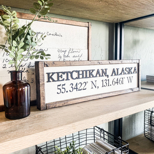 City, State With Coordinates Wood Laser 3D Sign