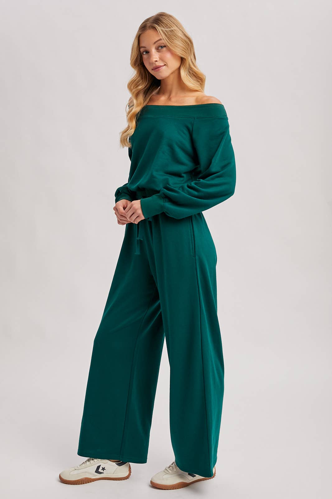 WIDE NECK OFF THE SHOULDER KNIT JUMPSUIT