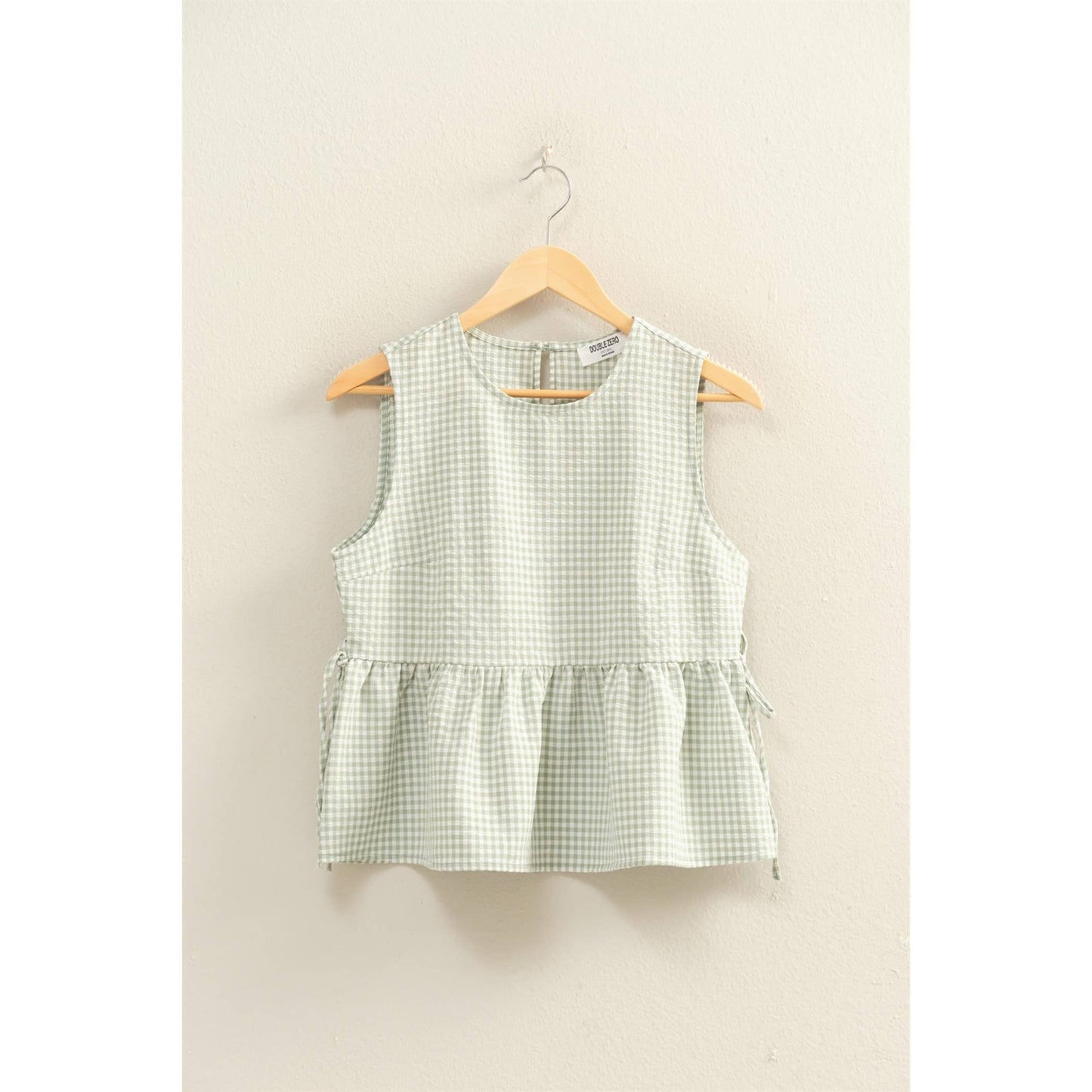 Gingham Sleeveless Peplum Top With Side Ties