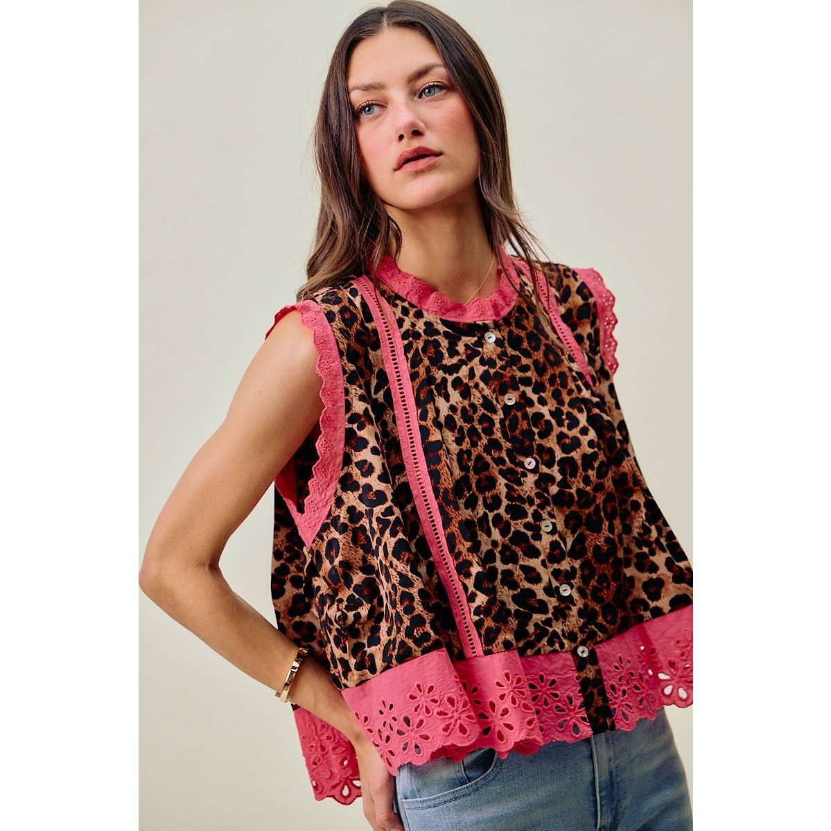 LEOPARD BUTTON UP PLEATED SLEEVELESS BLOUSE TOP