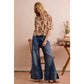 WIDE LEG FLARE WASHED DENIM JEANS WITH SIDE SEAM