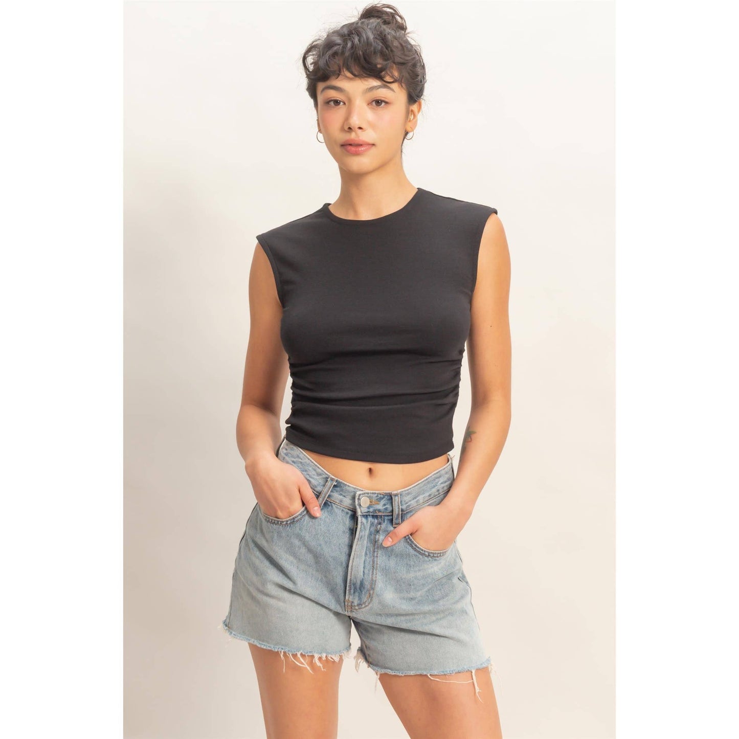 Ruched Waist Cap Sleeve Top