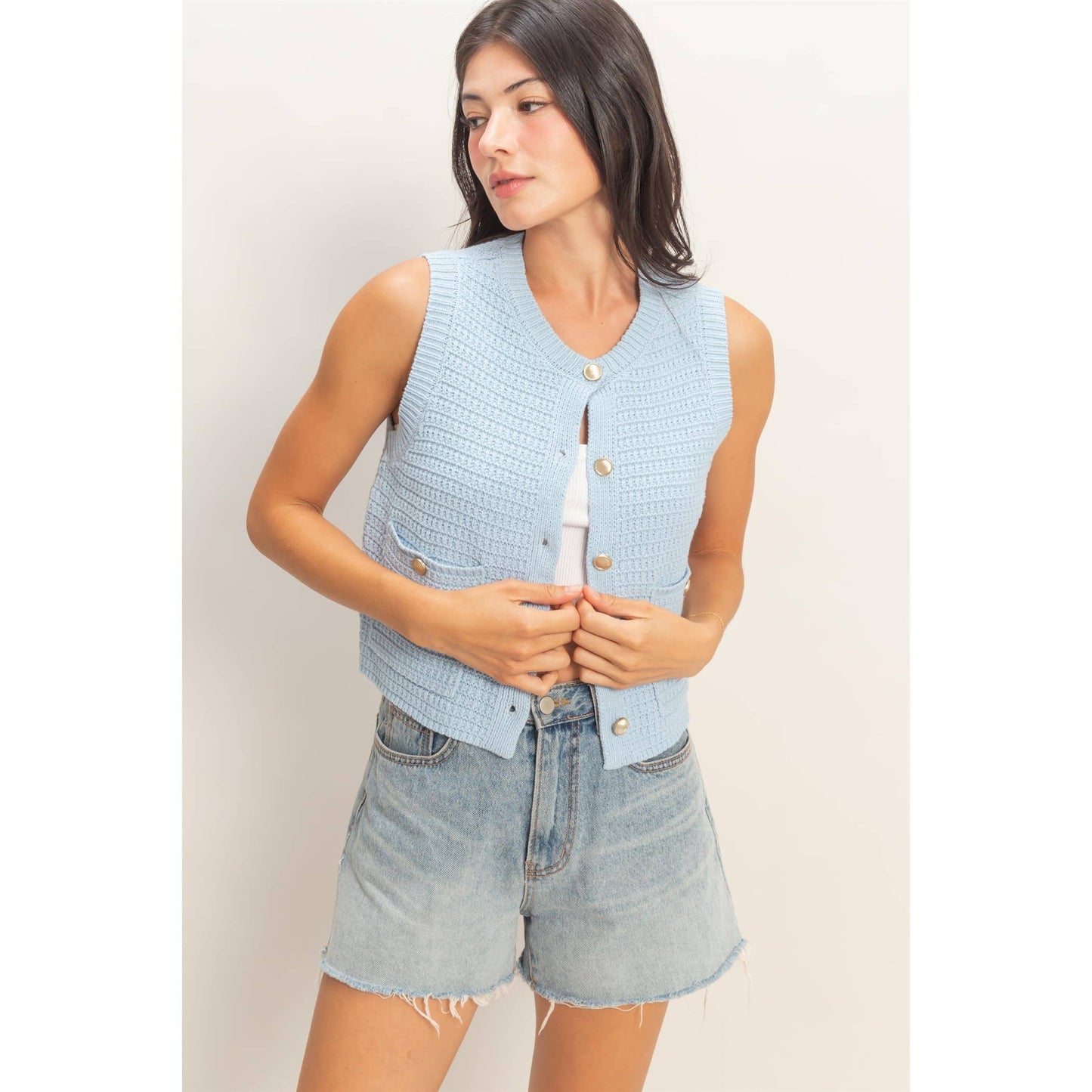 Textured Button-Front Vest With Pocket