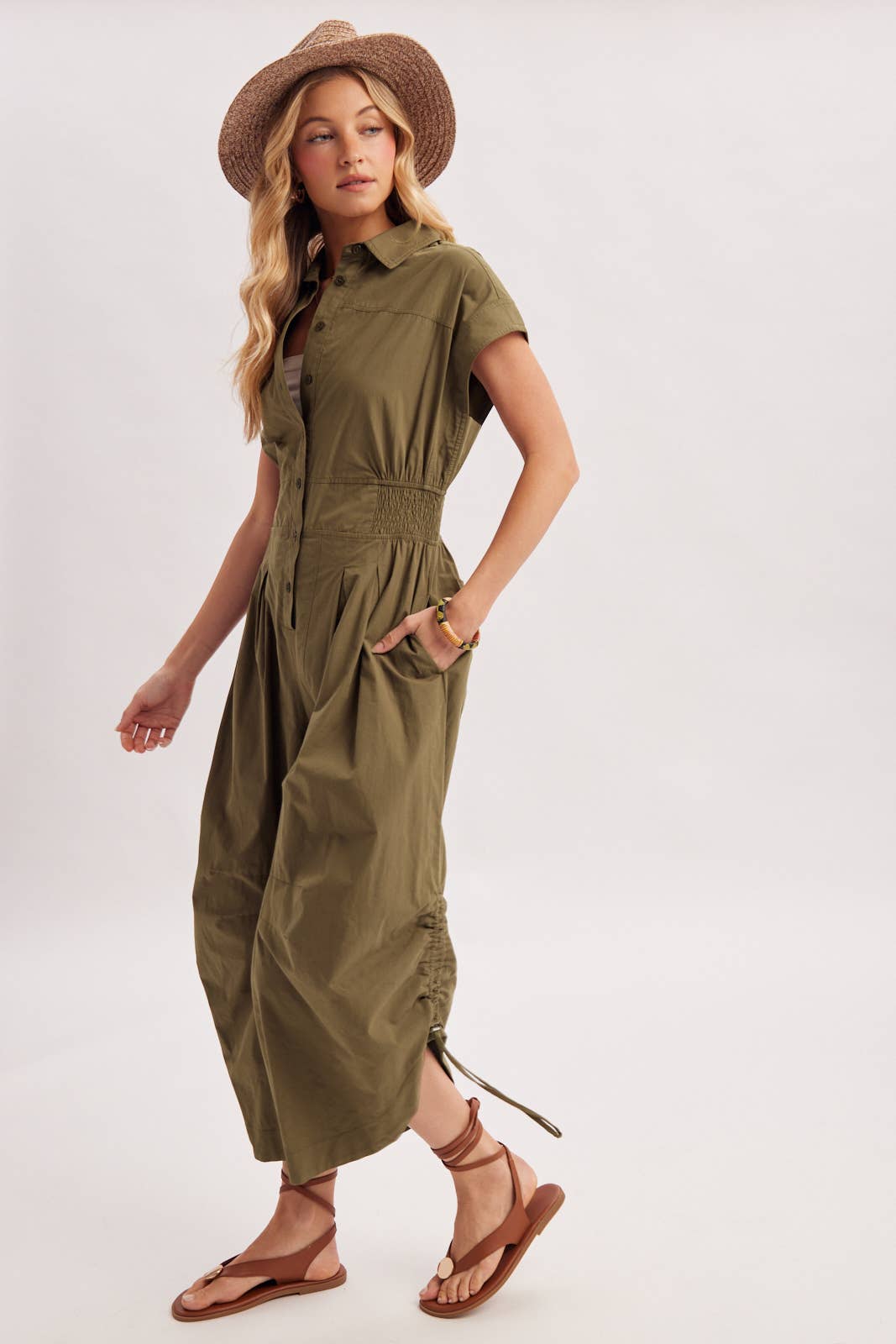 BUTTON DOWN UTILITY SHIRTING JUMPSUIT