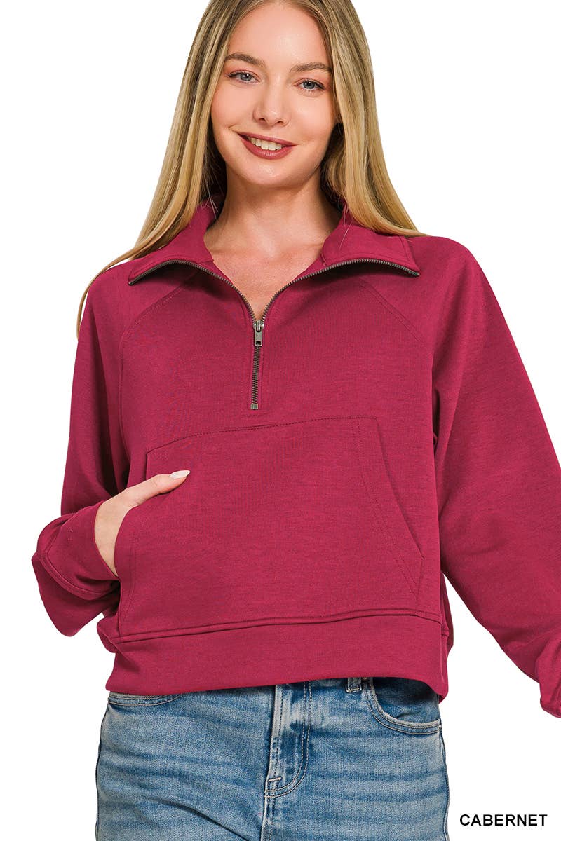 Scuba Half Zip Pullover With Kangaroo Pocket Zenana