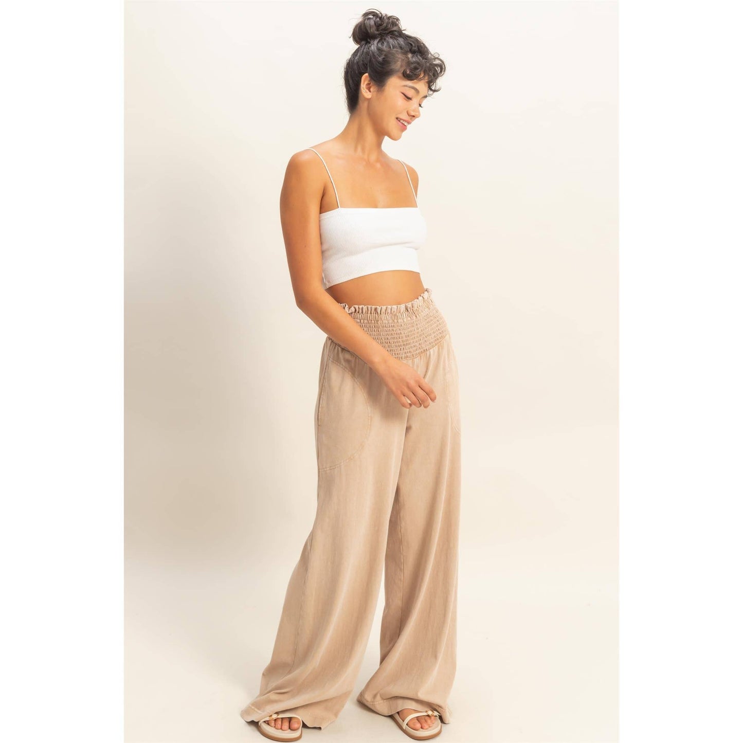 Mineral Washed Wide-Leg Smocked Waist Pants