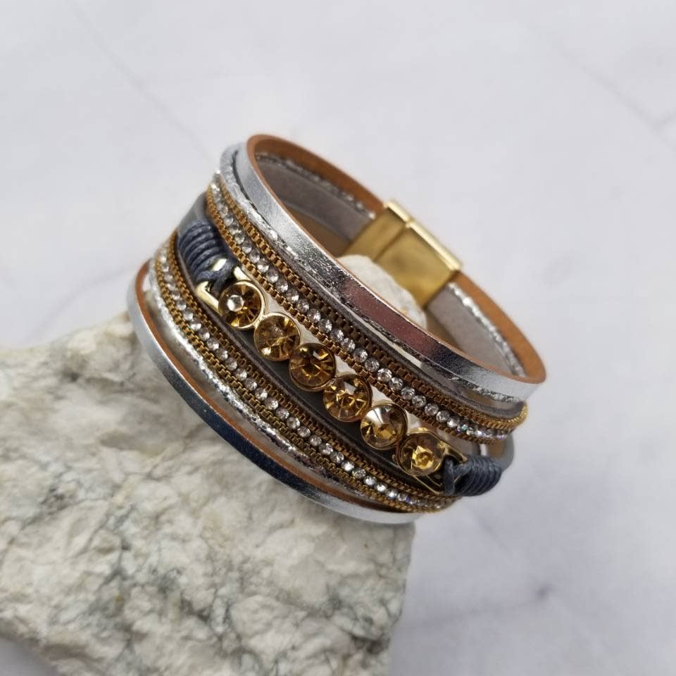 Sunset Rhinestone Layered Leather Magnetic Bracelet