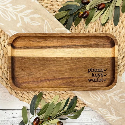 Phone Keys Wallet Acacia Wood Engraved Catch All Tray