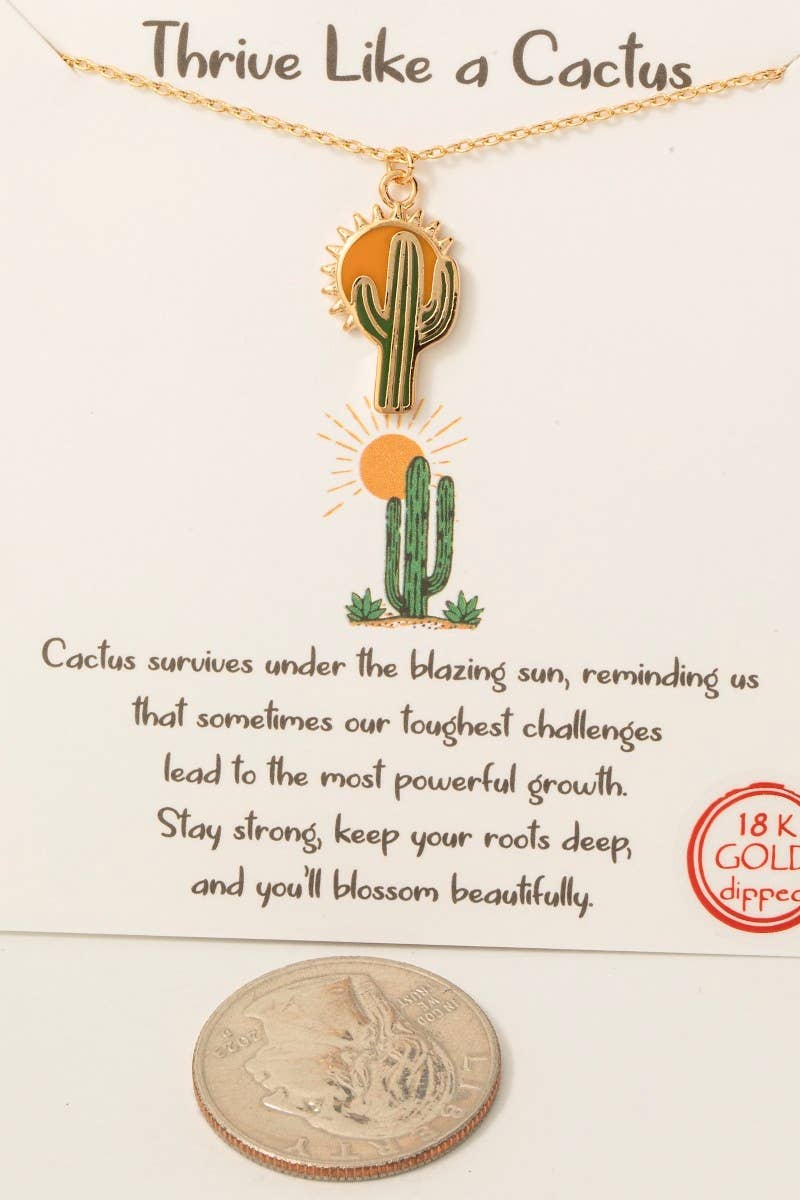 Gold Dipped Enamel Sunrise Cactus Pendant Necklace