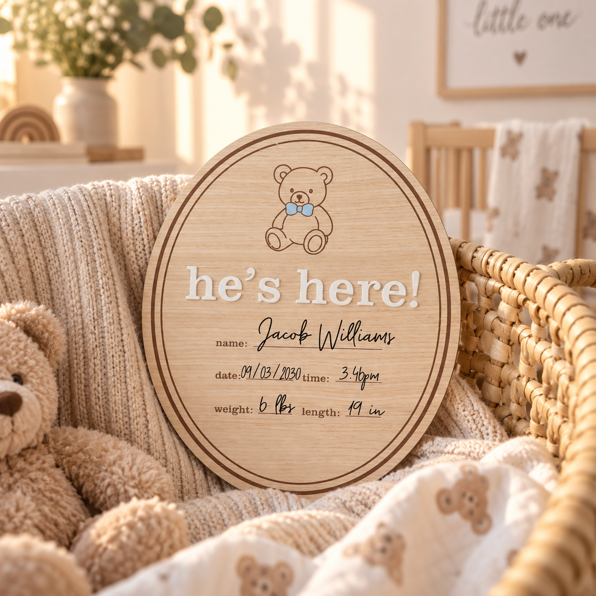 Wooden Birth Announcement Fill-In Photo Prop, He's Here