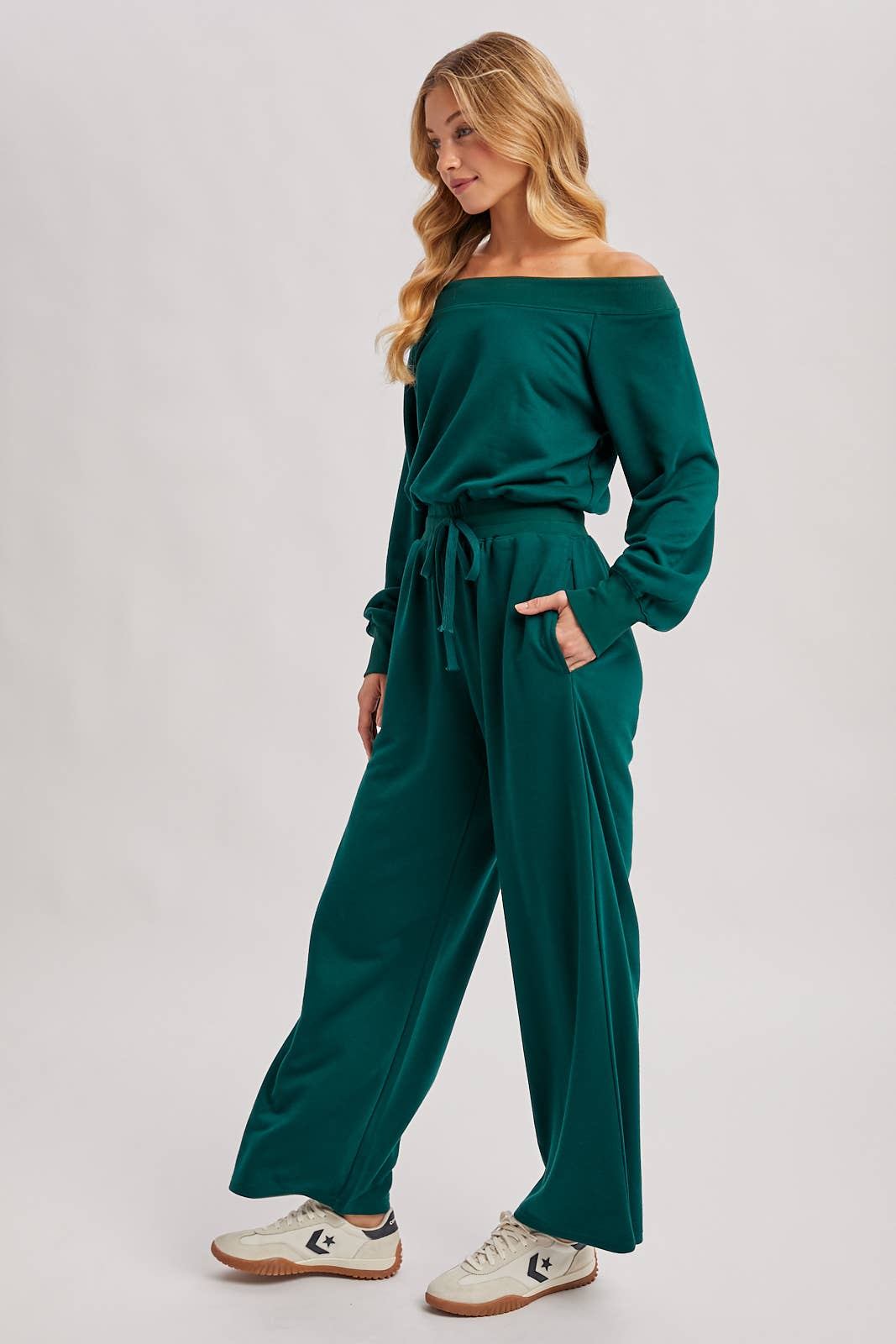 WIDE NECK OFF THE SHOULDER KNIT JUMPSUIT