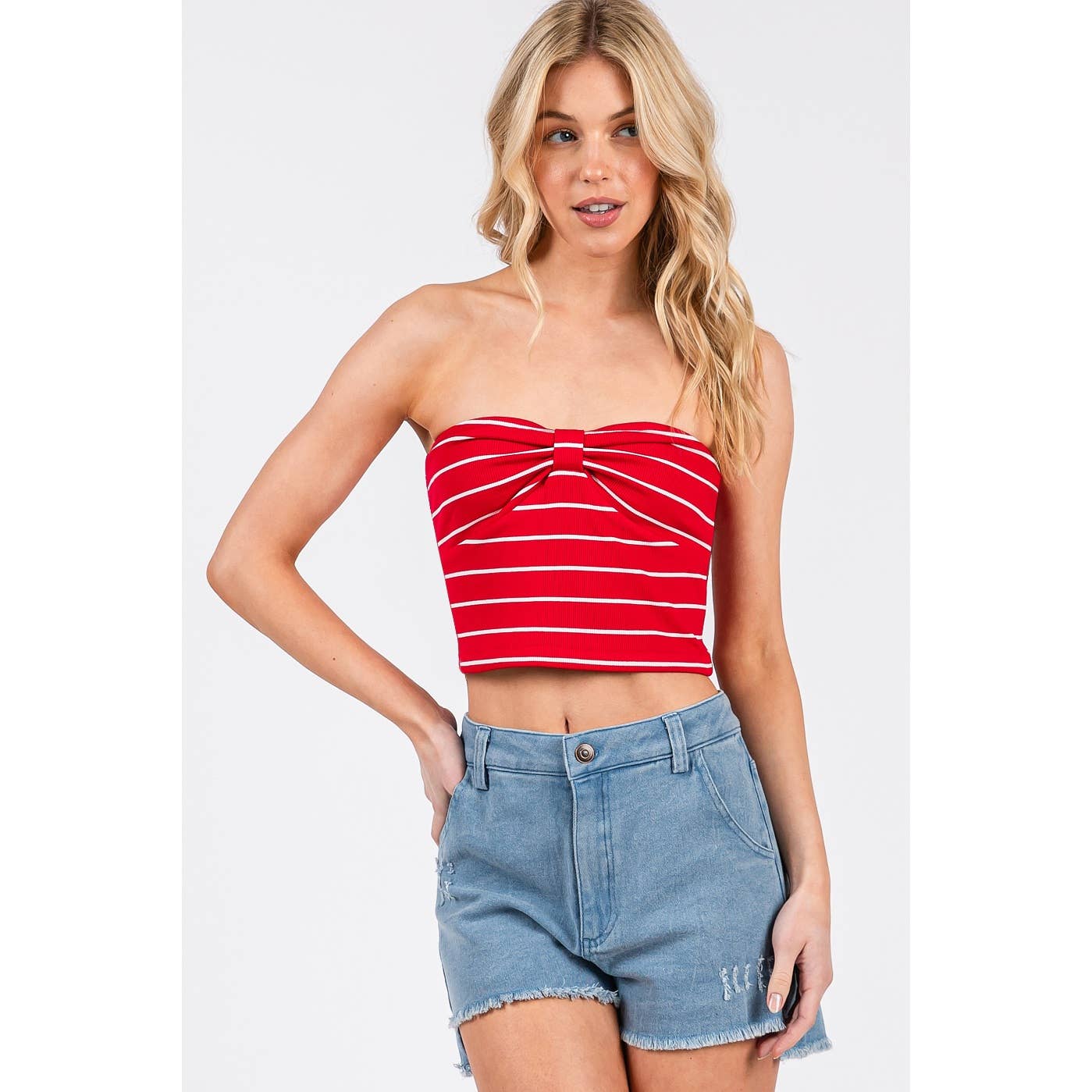 STRIPED BOW SHAPE SWEETHEART CROPPED TUBE TOP