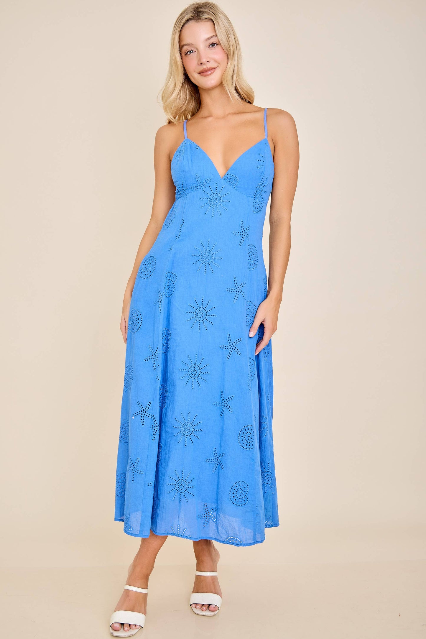 Eyelet Embroidered Spaghetti Strap Midi Dress