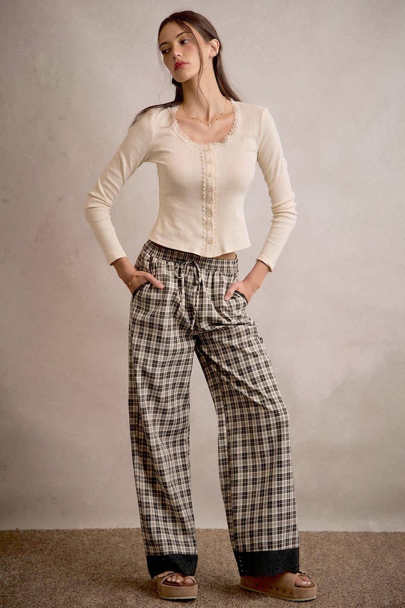 PLAID CHECK WIDE LEG PULL ON WIDE LEG PANTS WITH LACE