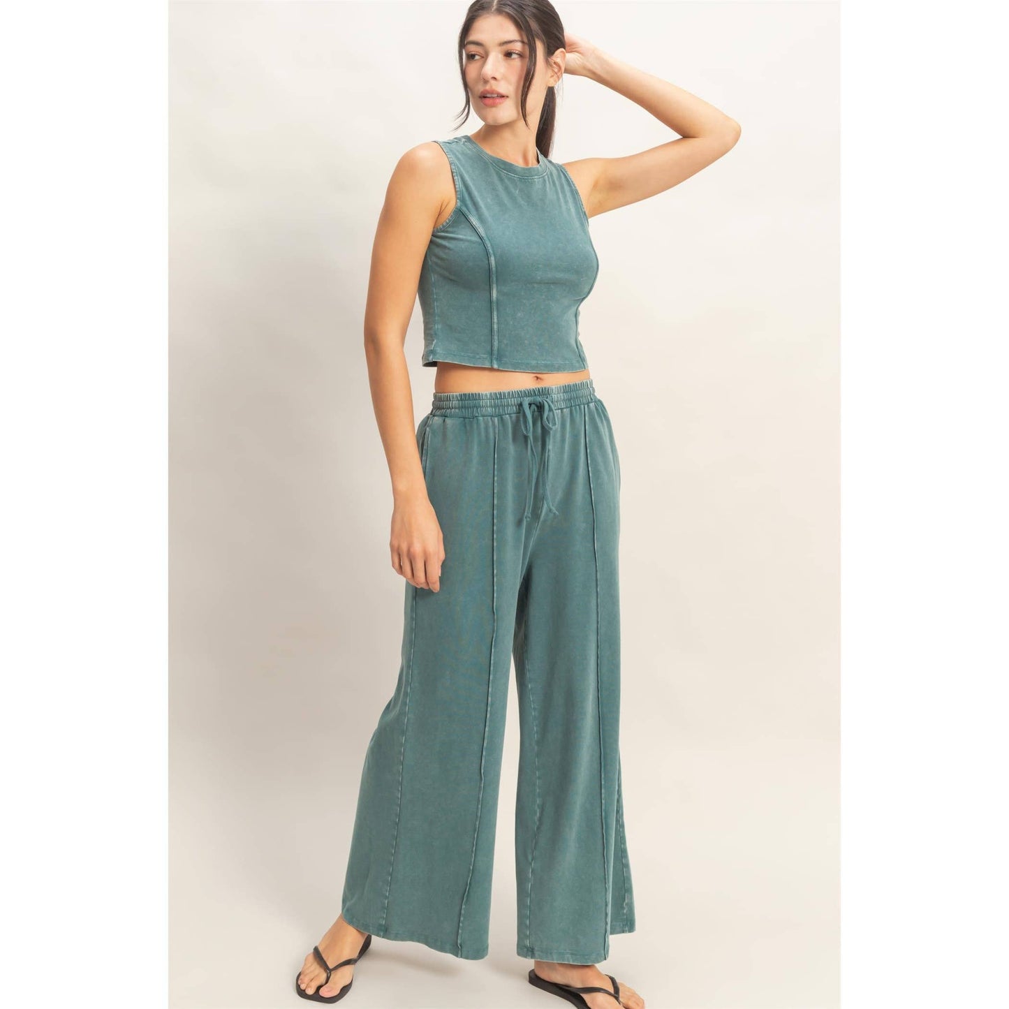Mineral Washed Sleeveless Top & Wide Leg Pants Set