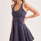 OPEN-BACK WASHED SCOOP HALTER-NECK MINI DRESS