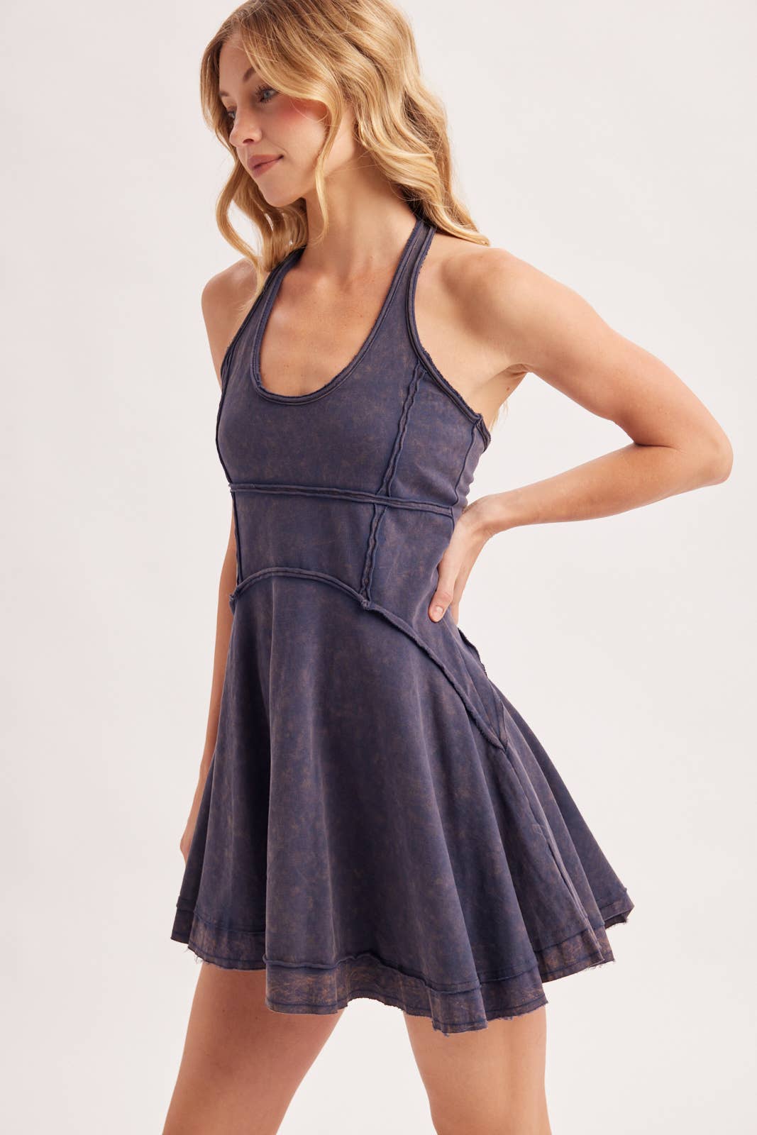 OPEN-BACK WASHED SCOOP HALTER-NECK MINI DRESS