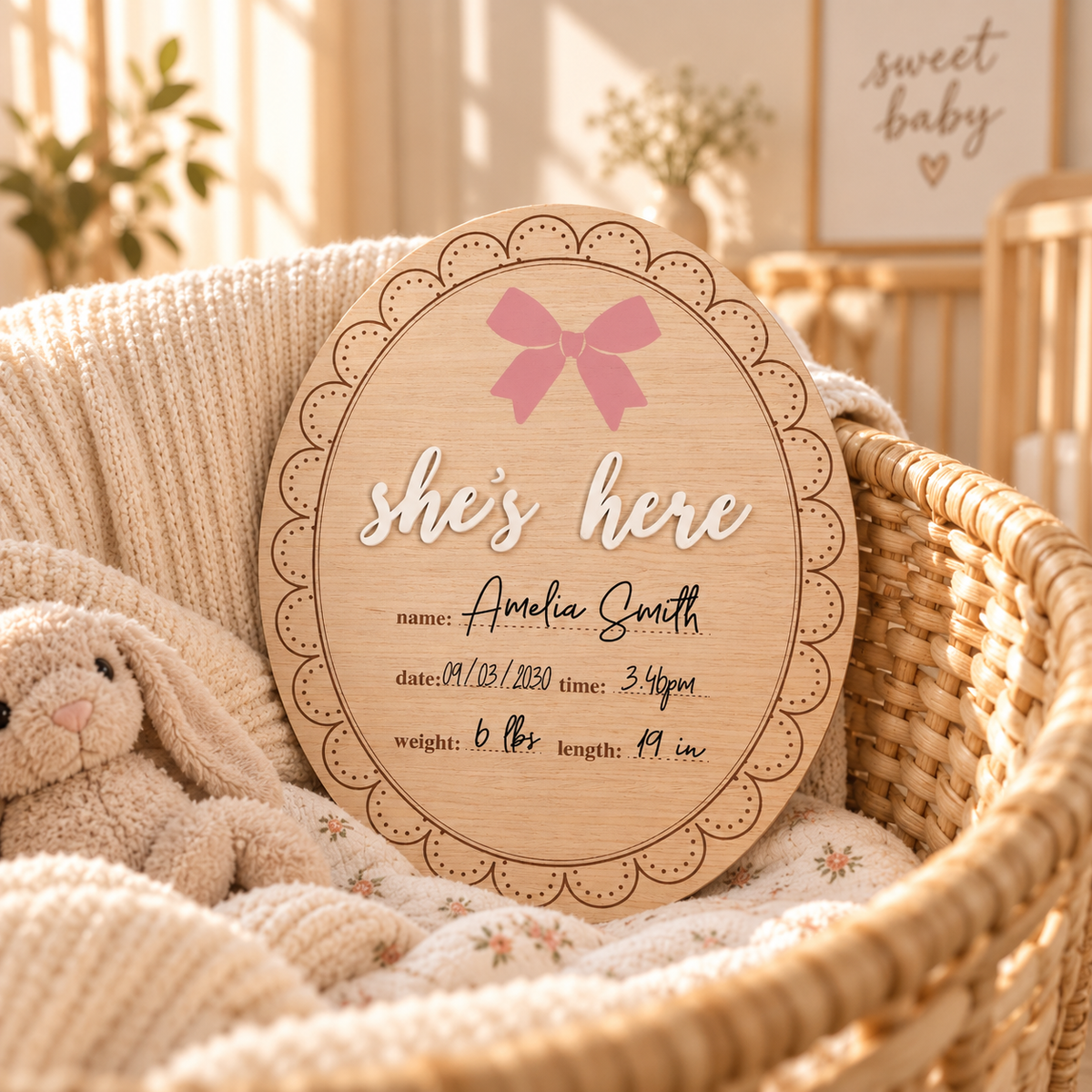 Wooden Birth Announcement Fill-In Photo Prop, She's Here