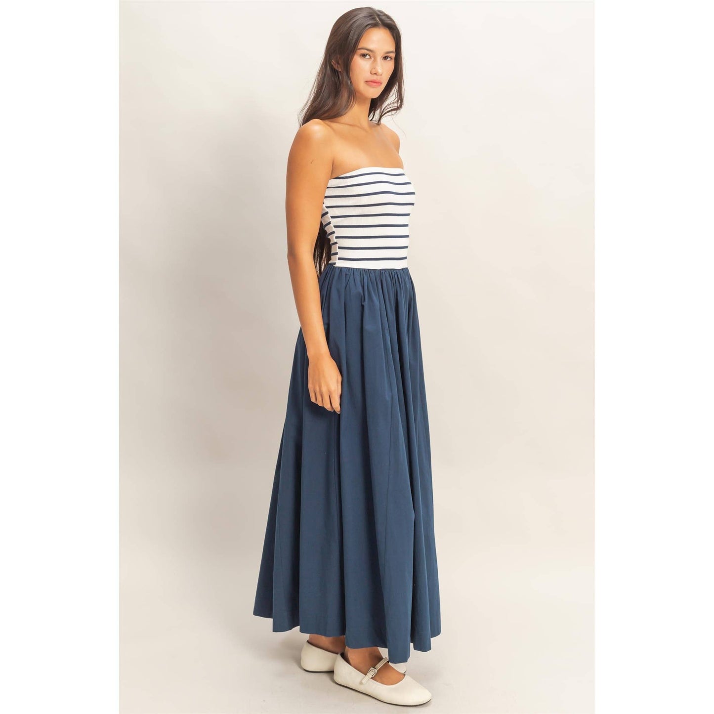 Striped Strapless Flowy Midi Dress