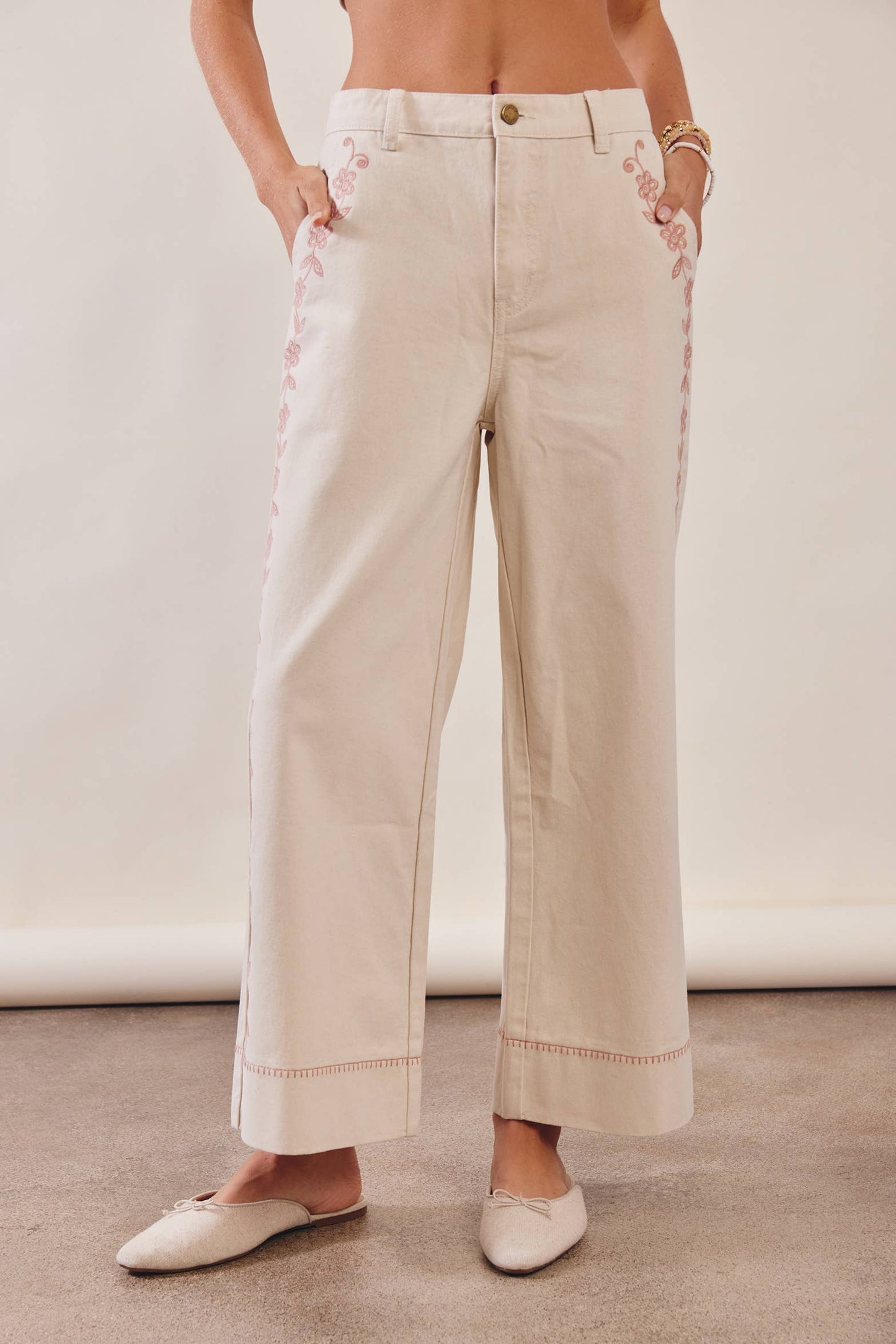 Floral Embroidered Cropped Wide-Leg Pants LP0276