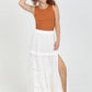26P74-ASIS TIERED MAXI SKIRT WITH LACE TRIM AND SLIT