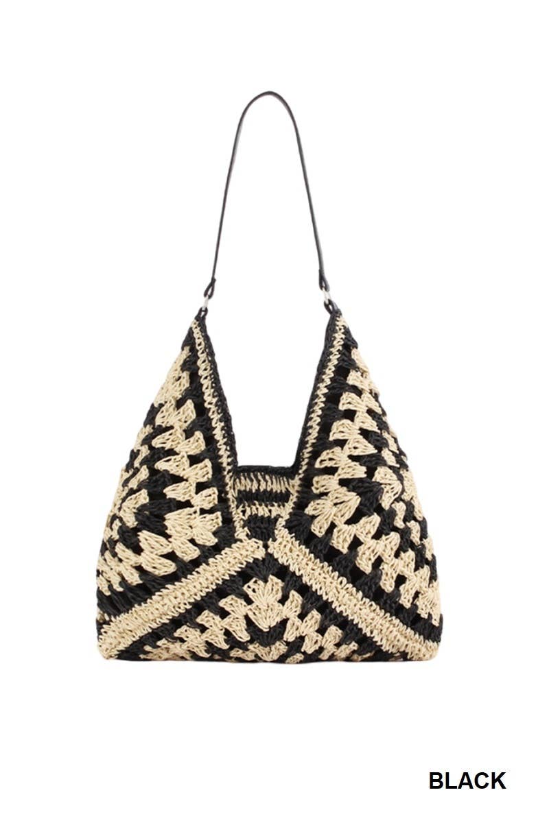 Vintage Woven Straw Crochet Bucket Shoulder Bag