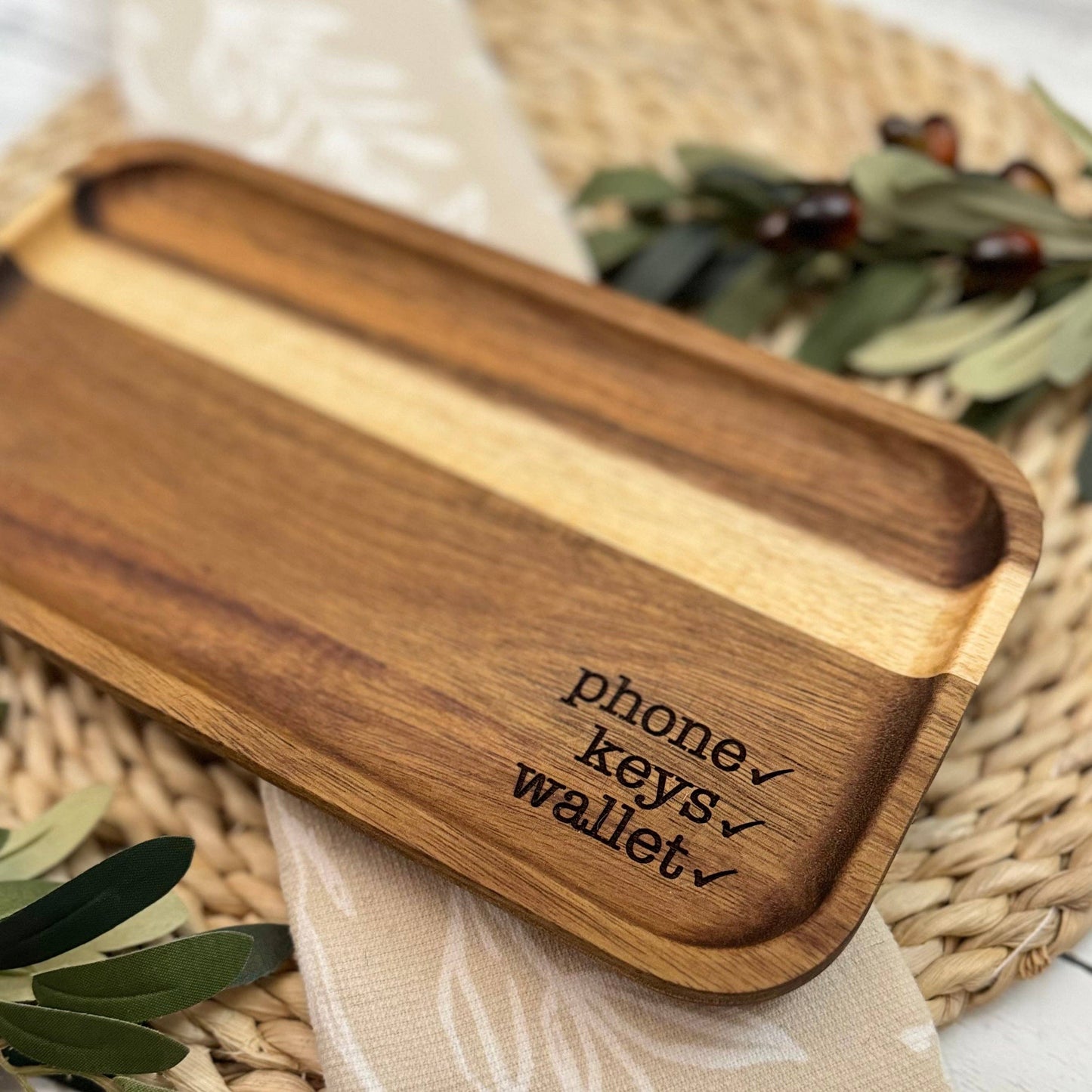 Phone Keys Wallet Acacia Wood Engraved Catch All Tray