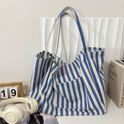 STRIPED TRENDING DOUBLE POCKET TOTE BAG | 40P561