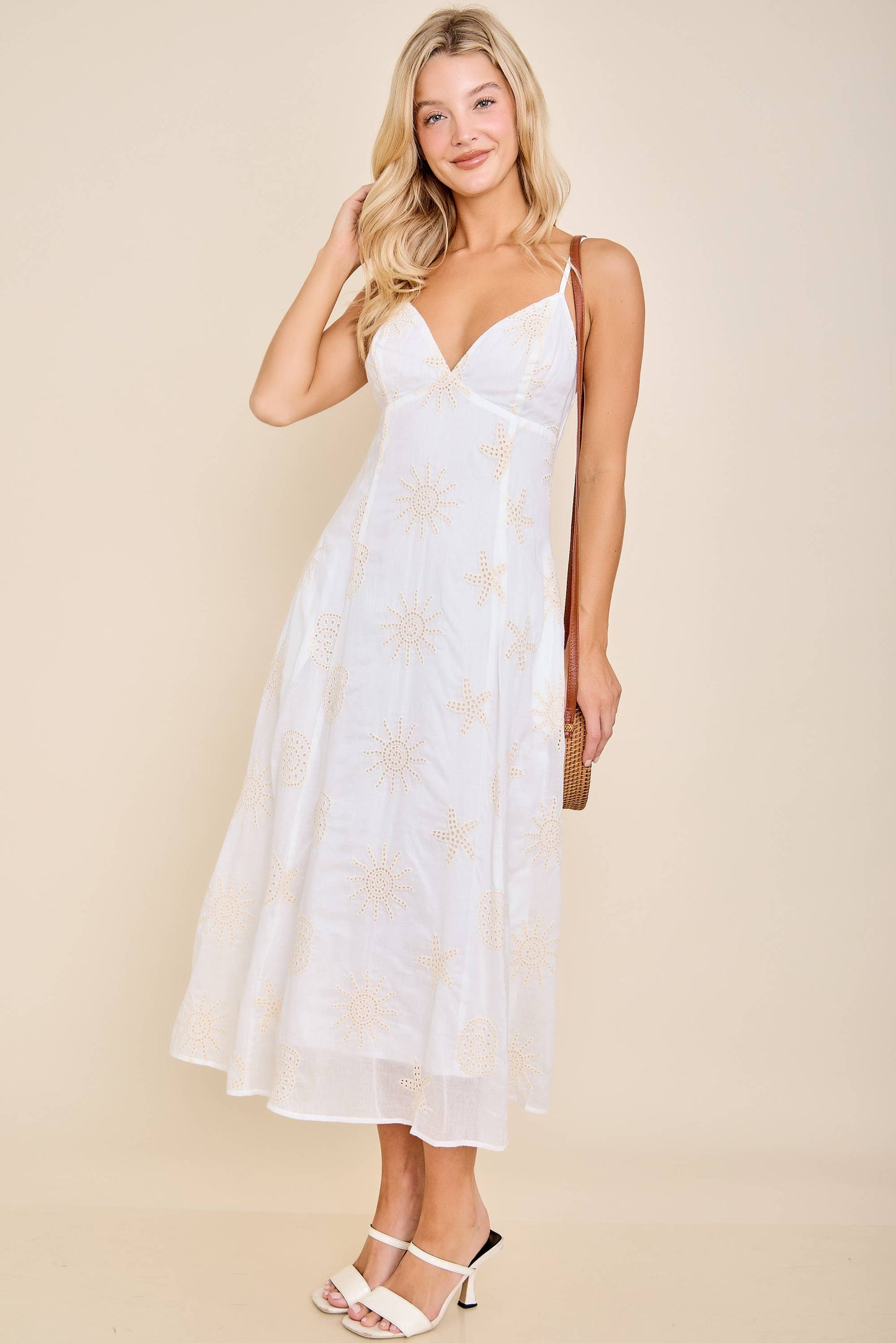 Eyelet Embroidered Spaghetti Strap Midi Dress