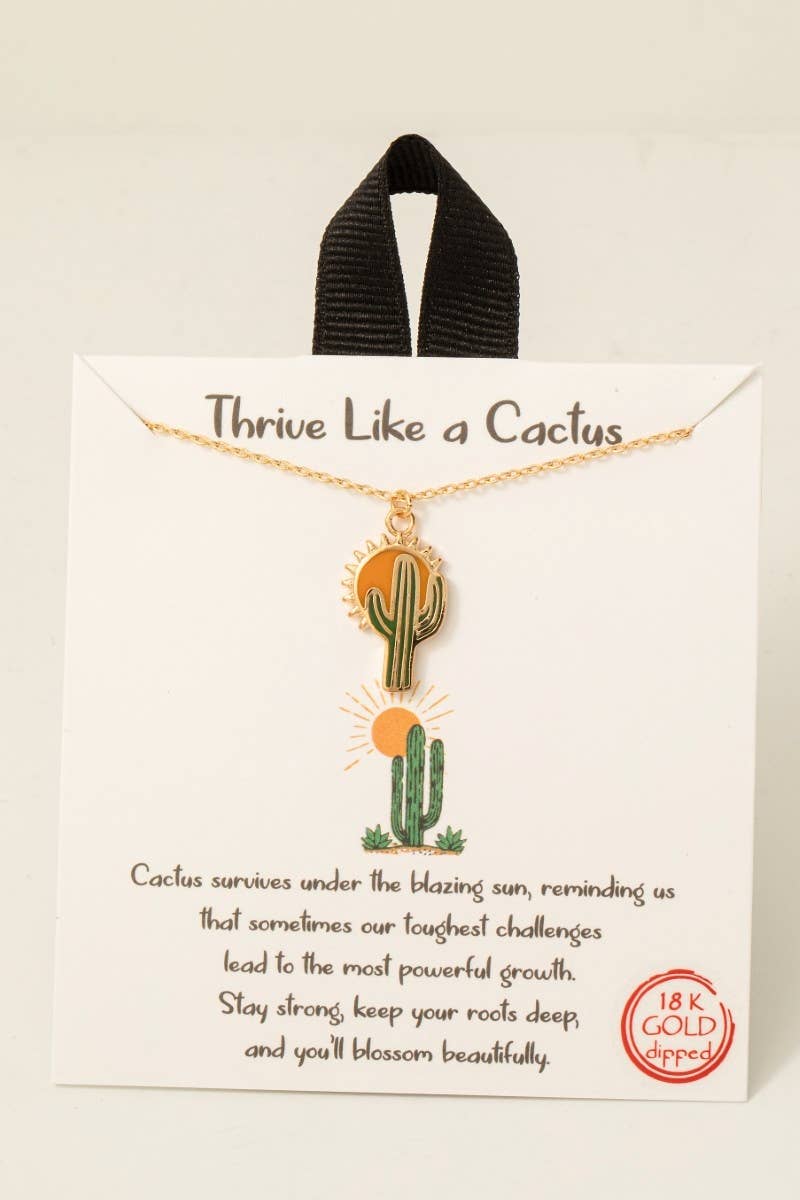 Gold Dipped Enamel Sunrise Cactus Pendant Necklace