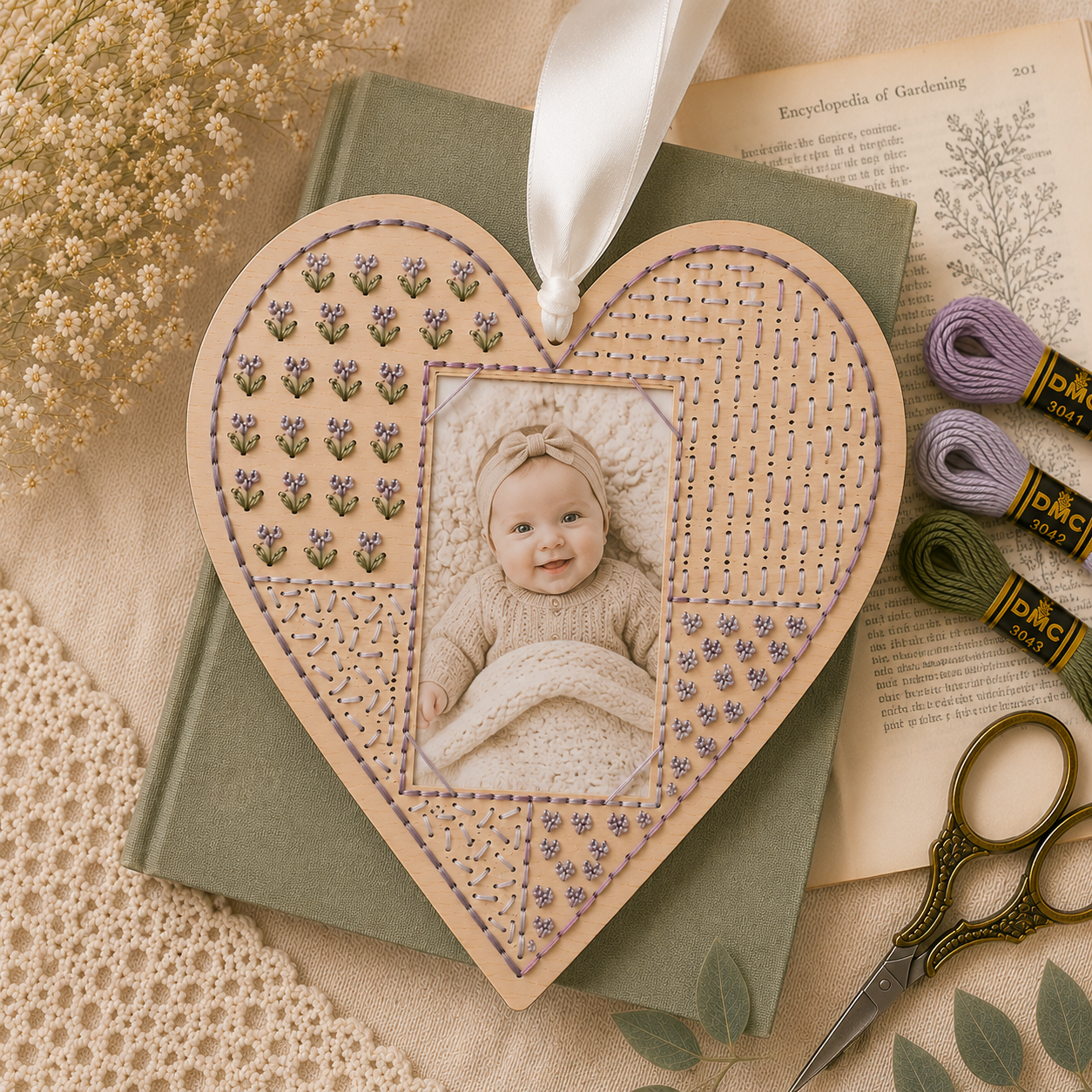 Lavender Heart Photo Frame DIY Wood Embroidery Kit