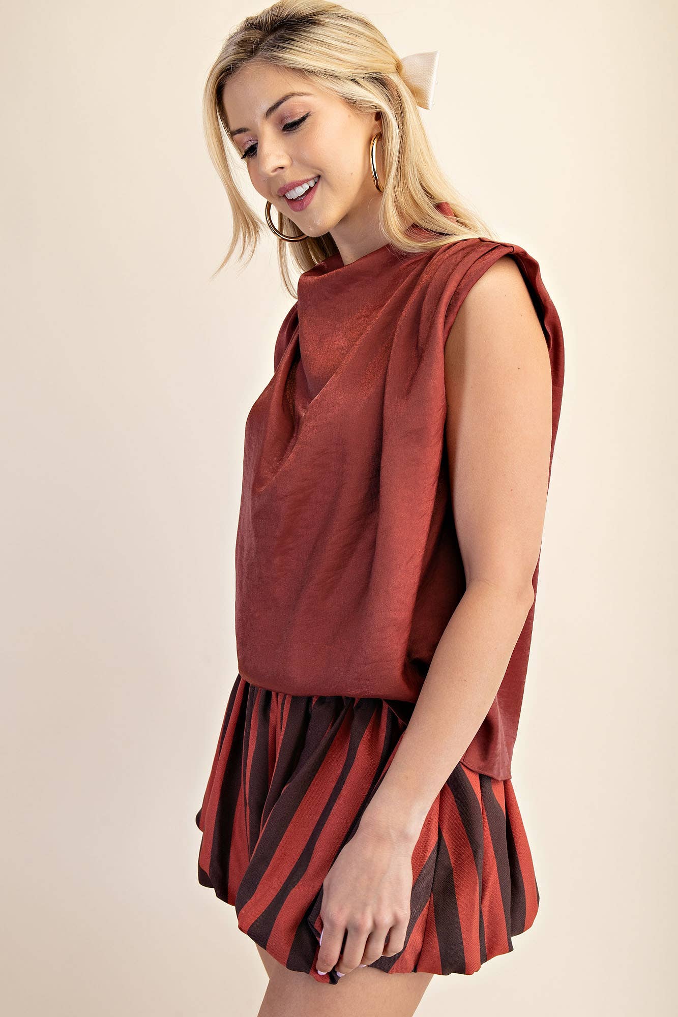 Cowl Neck Pleats Sleeveless Top