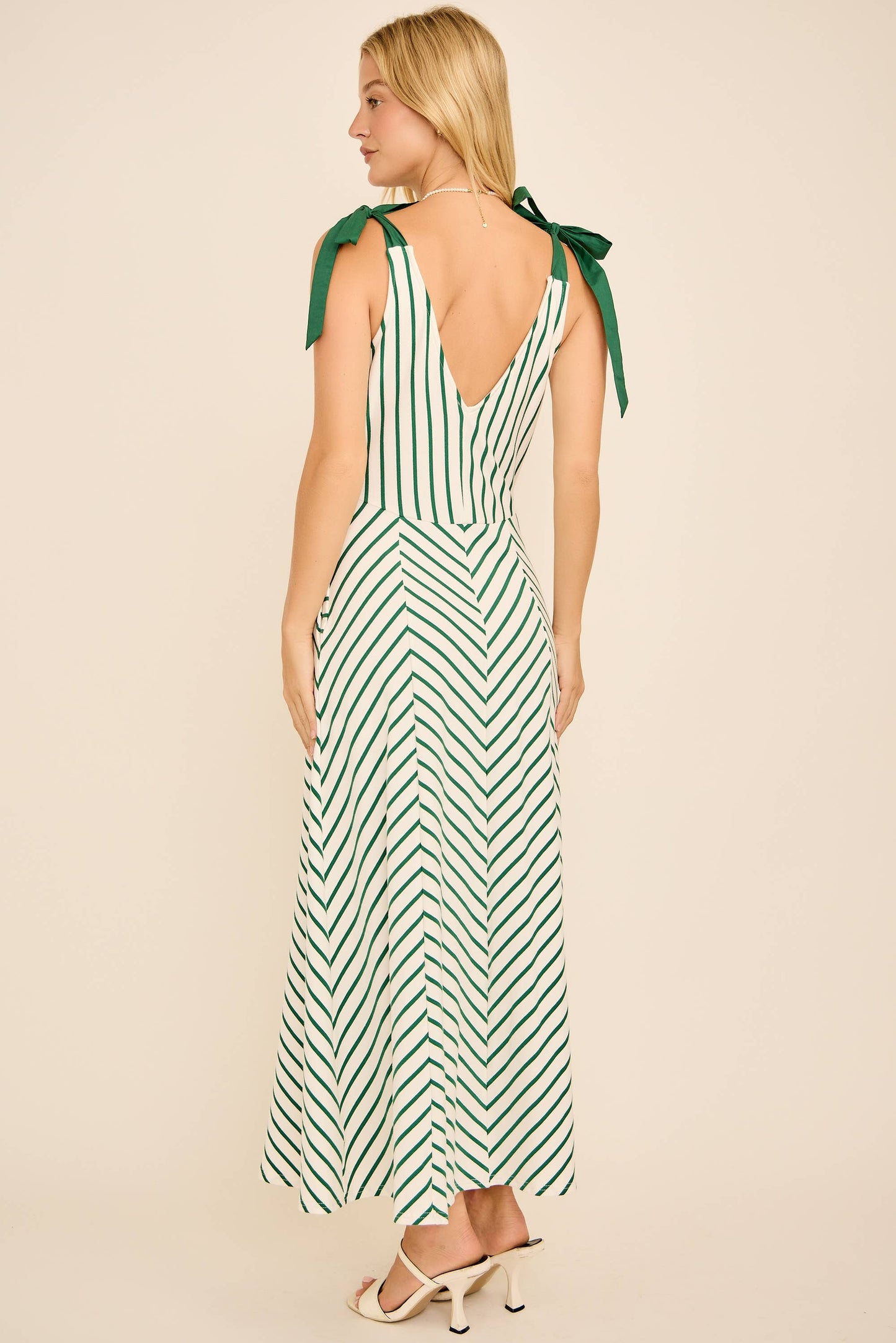 A-line long midi cotton knit dress with stripe