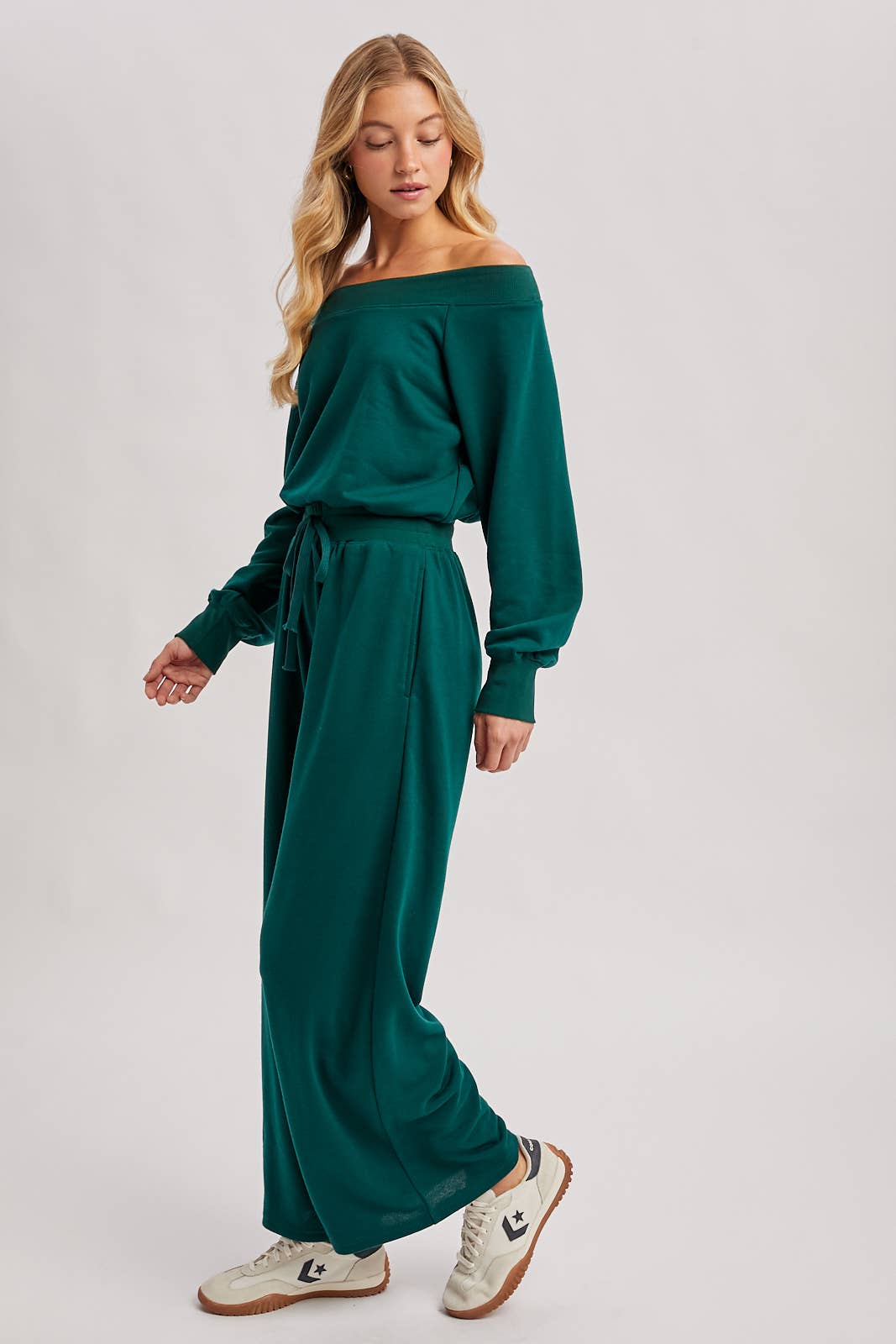 WIDE NECK OFF THE SHOULDER KNIT JUMPSUIT
