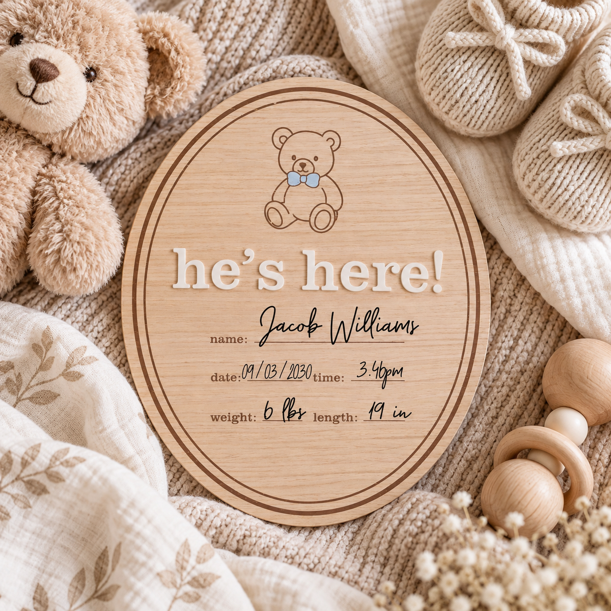 Wooden Birth Announcement Fill-In Photo Prop, He's Here