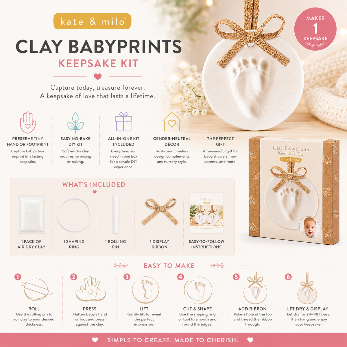 Clay Baby Prints Christmas Ornament Keepsake, Burlap, 2-Pack