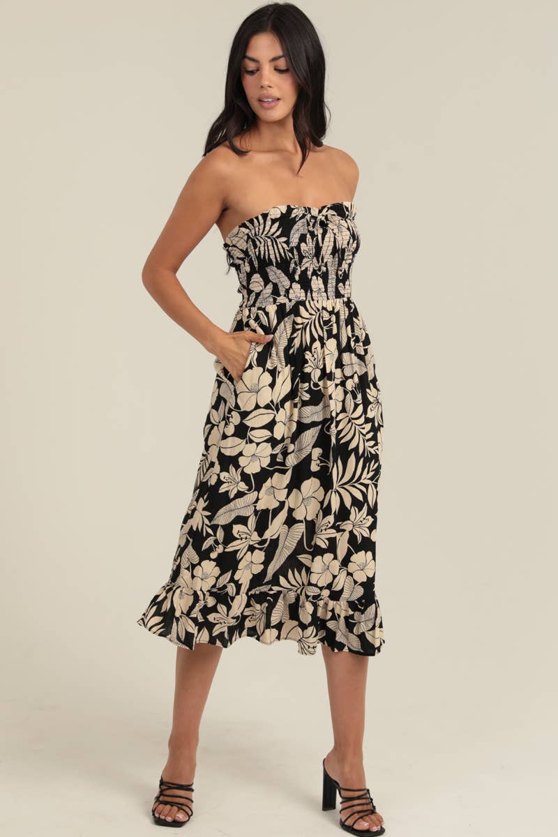 C4F45-A920 SMOCKED BODICE STRAPLESS MIDI DRESS W POCKETS