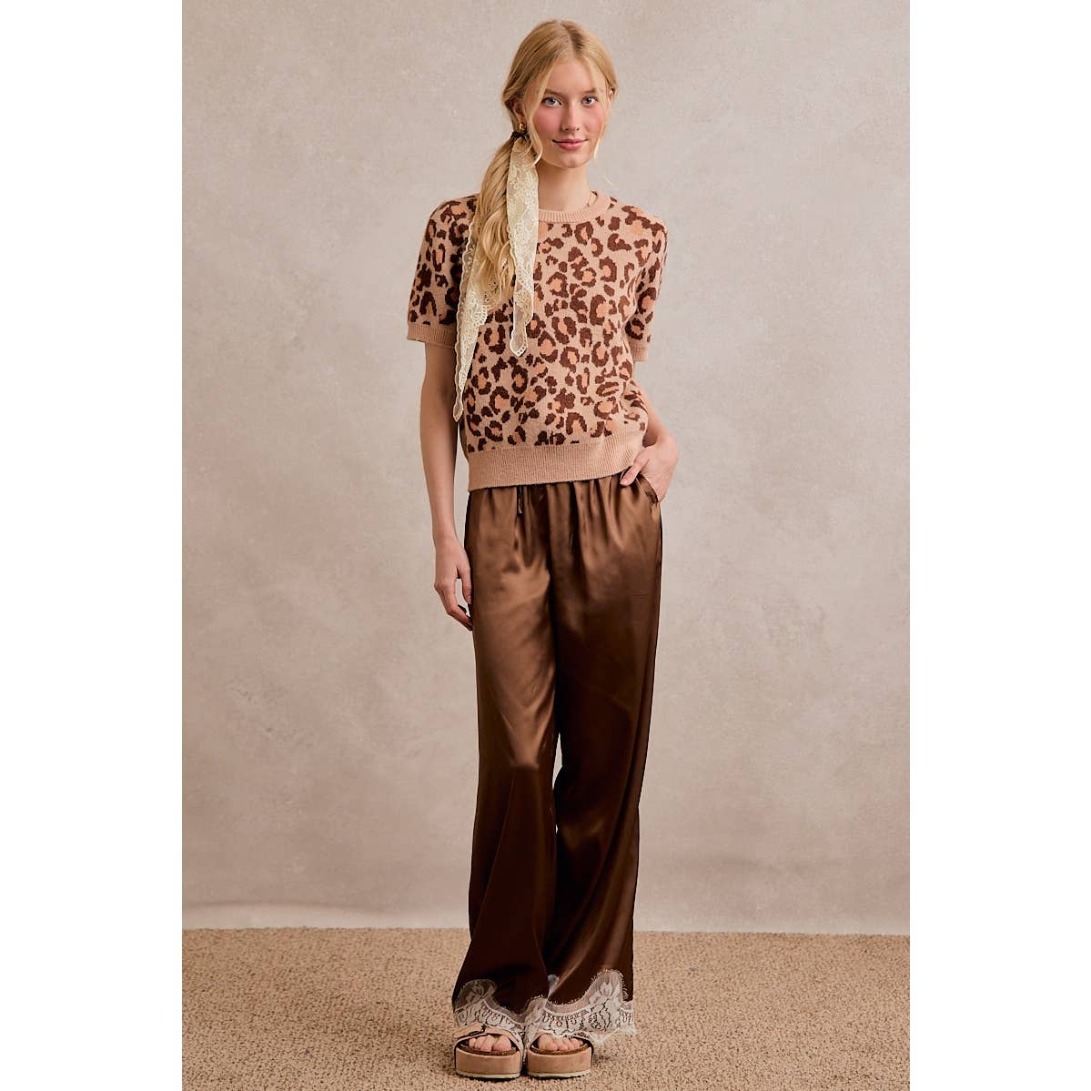 SATIN LACE TRIM WIDE LEG ELASTIC MID RISE PANTS
