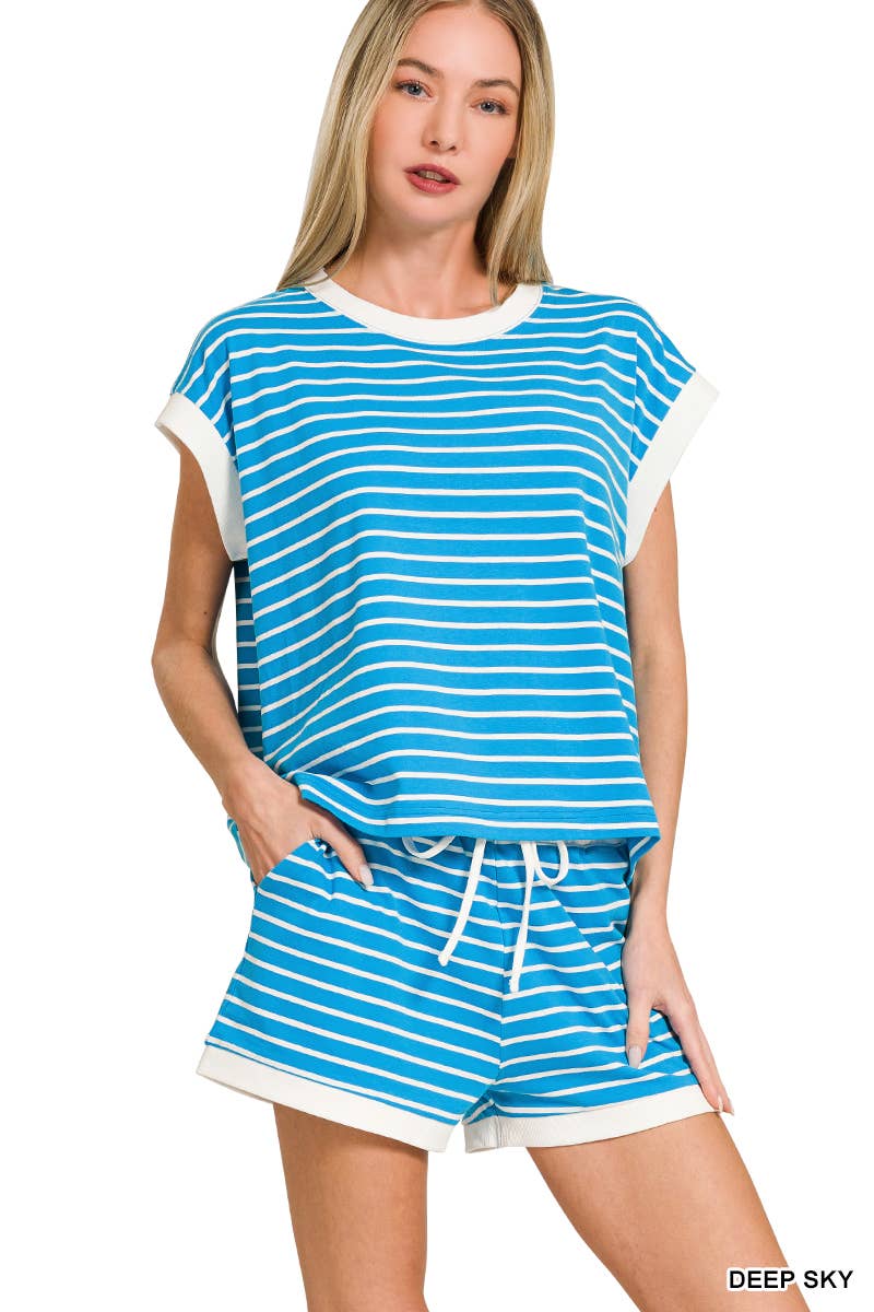 ...0223 Stripe Contrast Trim Top & Shorts Set SI-29132