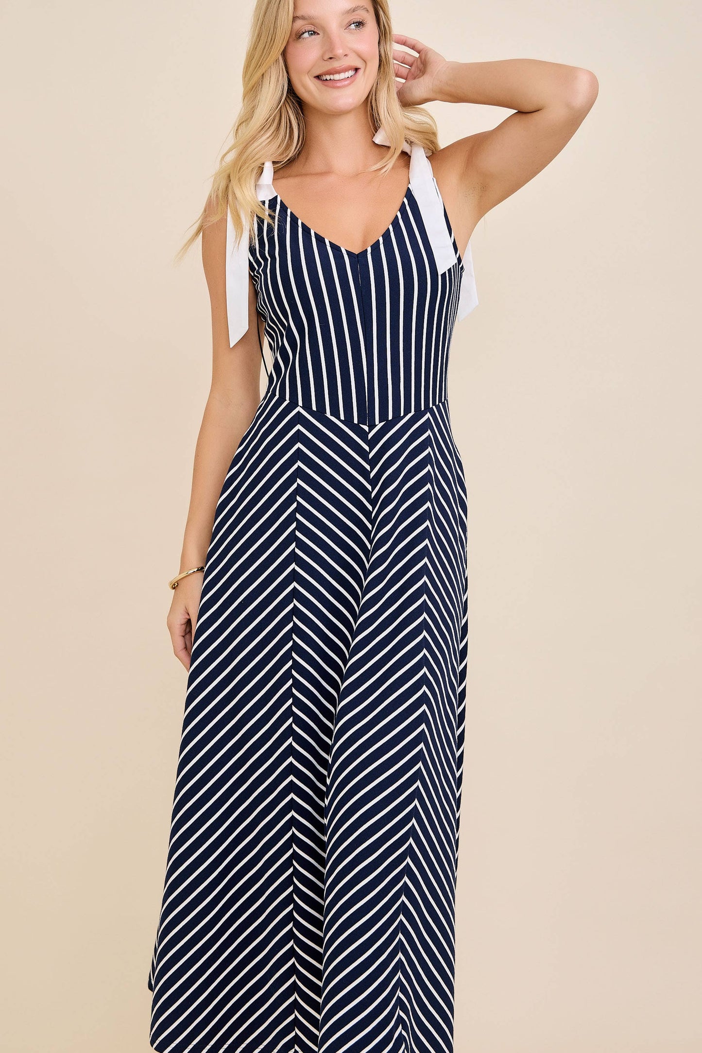 A-line long midi cotton knit dress with stripe